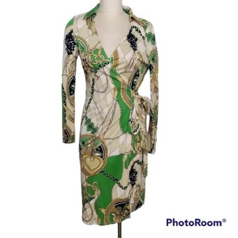 Chetta B Green Chain Print Wrap Dress Size 2- Women | Color: Green